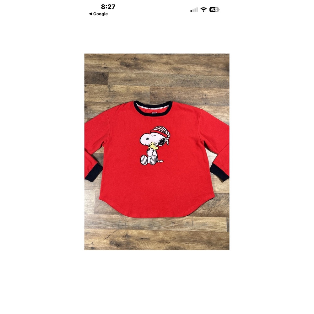 Peanuts Snoopy Woodstock Christmas Pajama Top Red Velour Long Sleeve XL